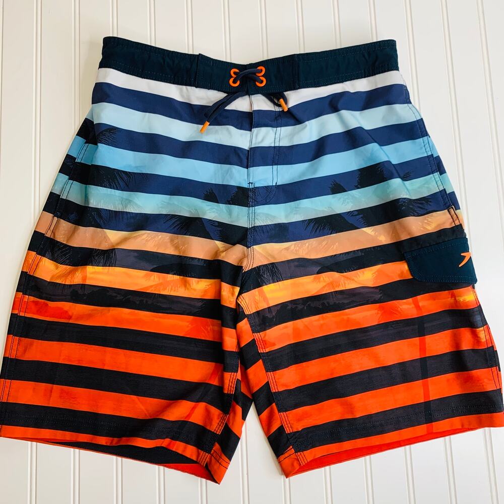 Speedo Blue Orange Striped Swim Trunks Sz Medium